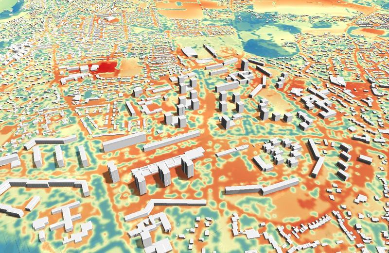 Cartographie thermique en trois dimensions d'un quartier montrant les îlots de chaleur urbains
