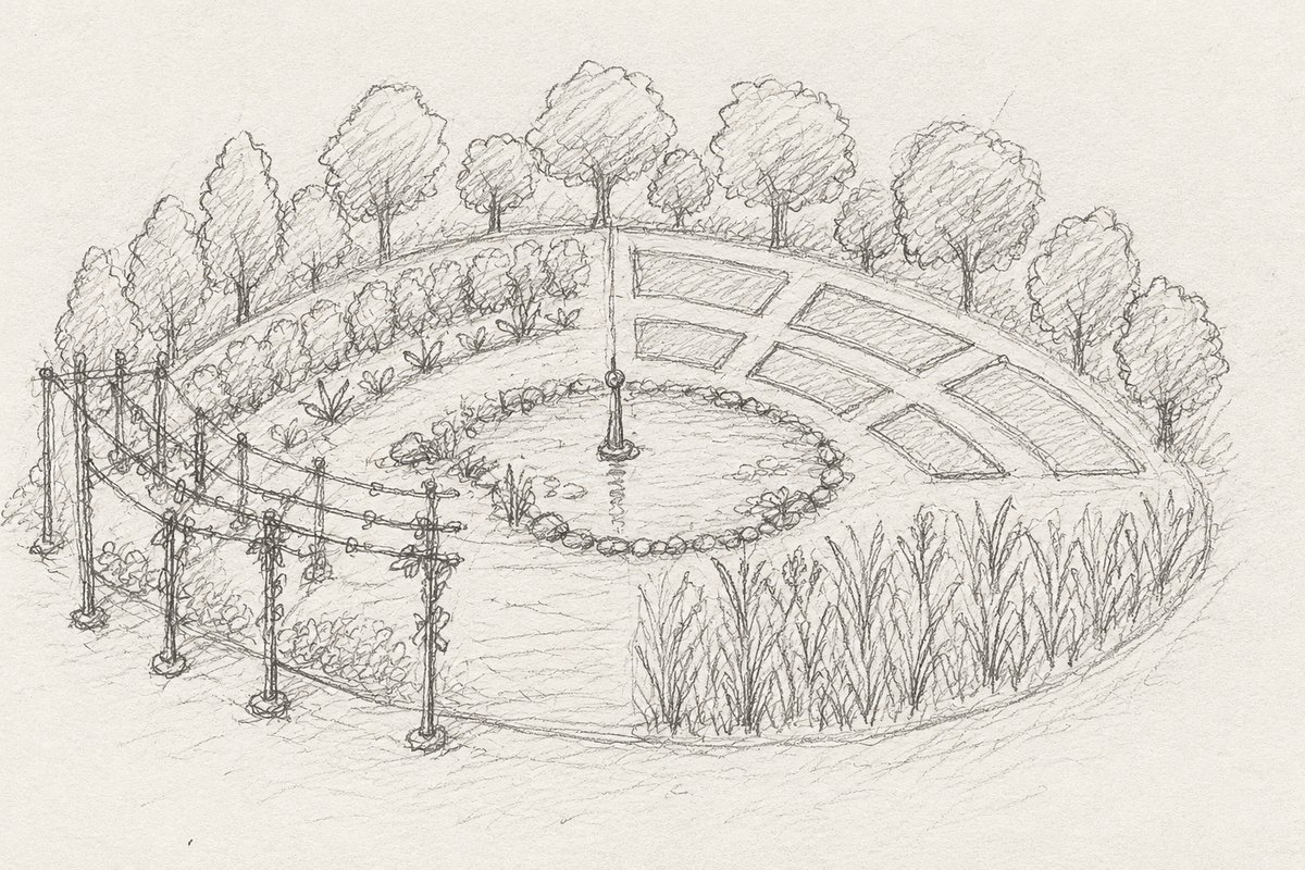Croquis au crayon d'un îlot vu en perspective : couronne d'arbres, pergola de bois avec bancs, bassin circulaire au centre, planches de culture et prairie.
