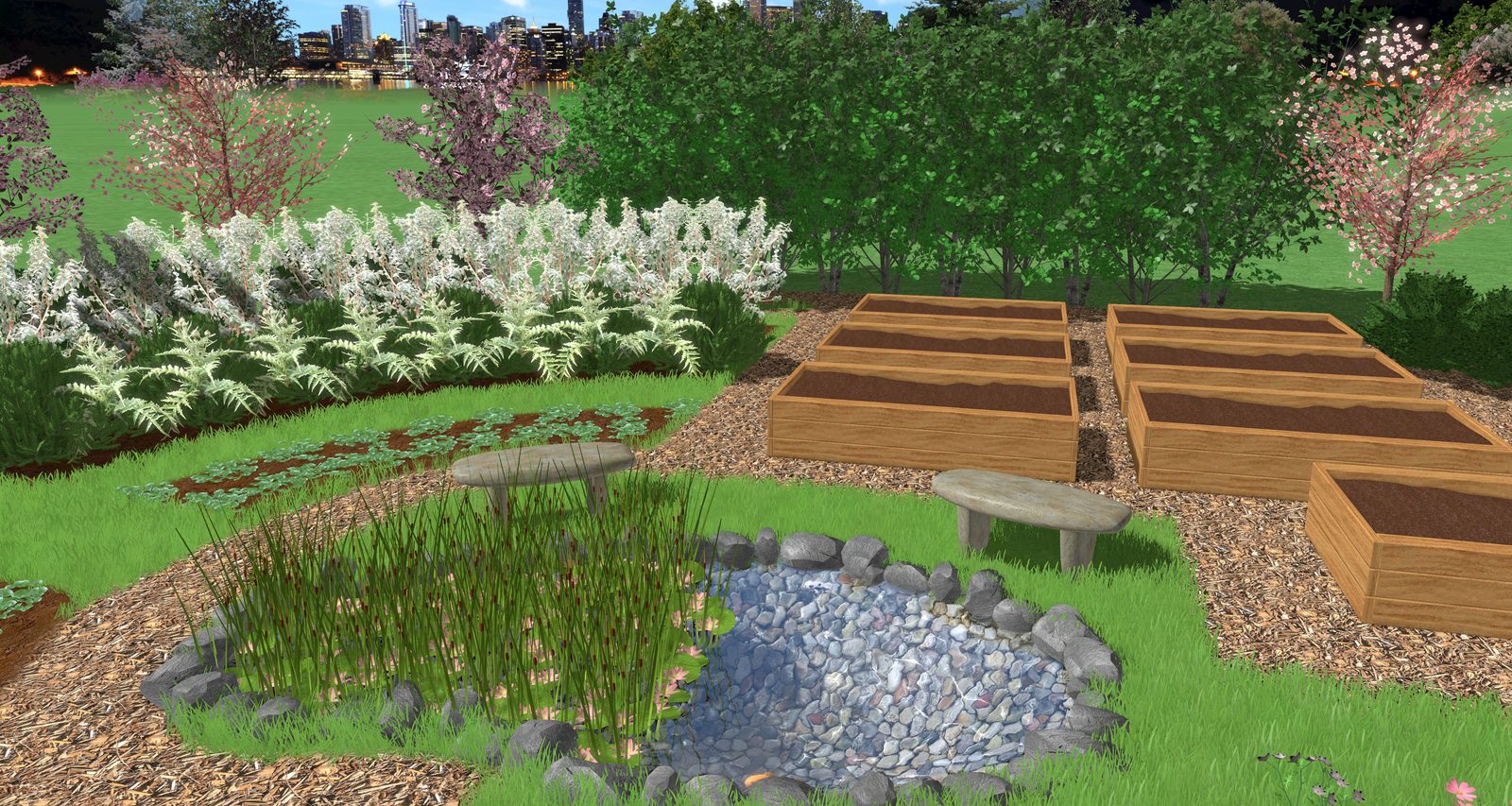 Vue de projet d'un aménagement public : bassin bordé de pierres, bacs de culture en bois, assises et prairie fleurie.