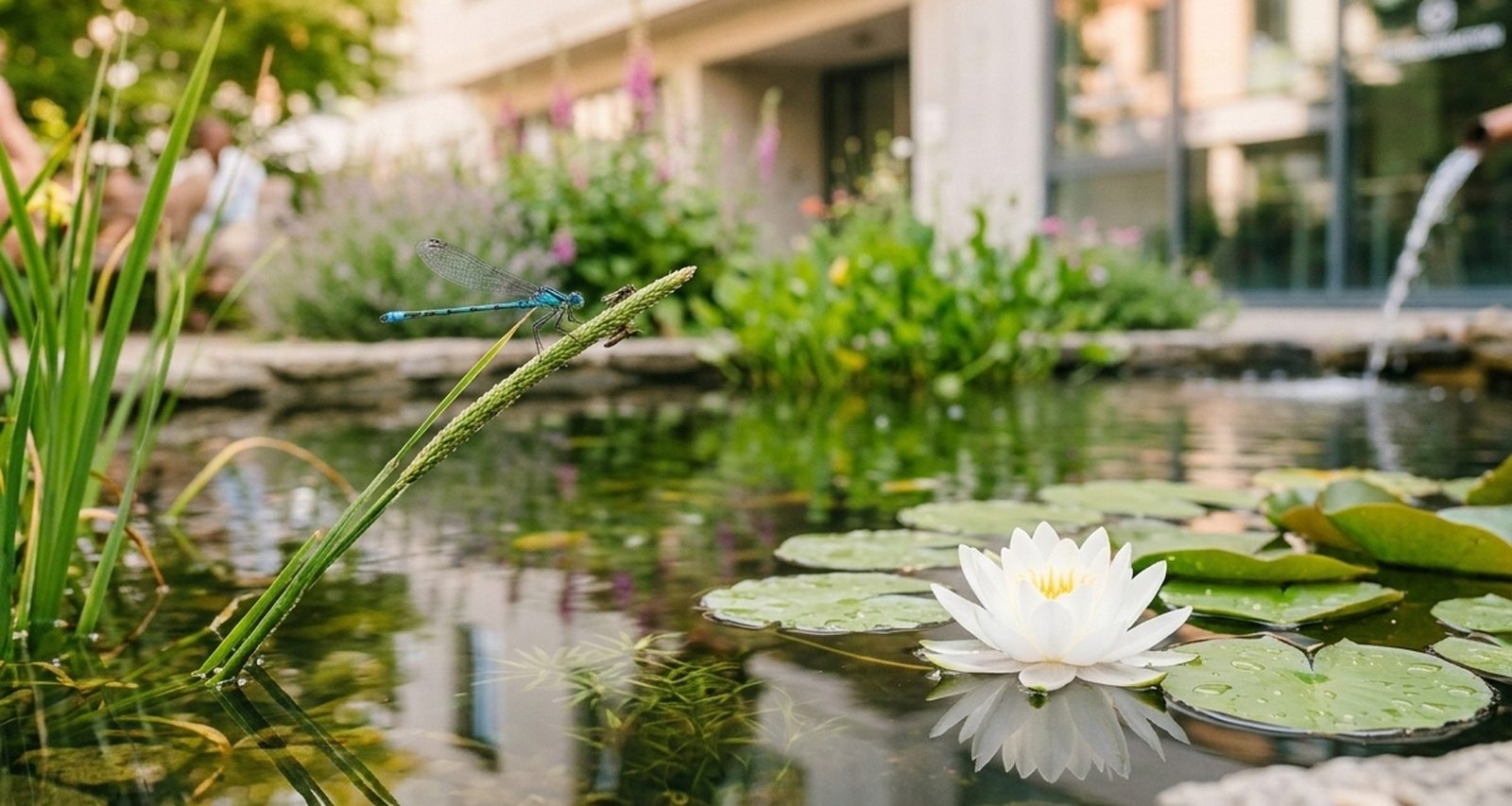 Une mare de biodiversité au pied d'un immeuble de bureaux : un nénuphar en fleur, une libellule bleue posée sur une tige, des collaborateurs assis au bord de l'eau en arrière-plan.