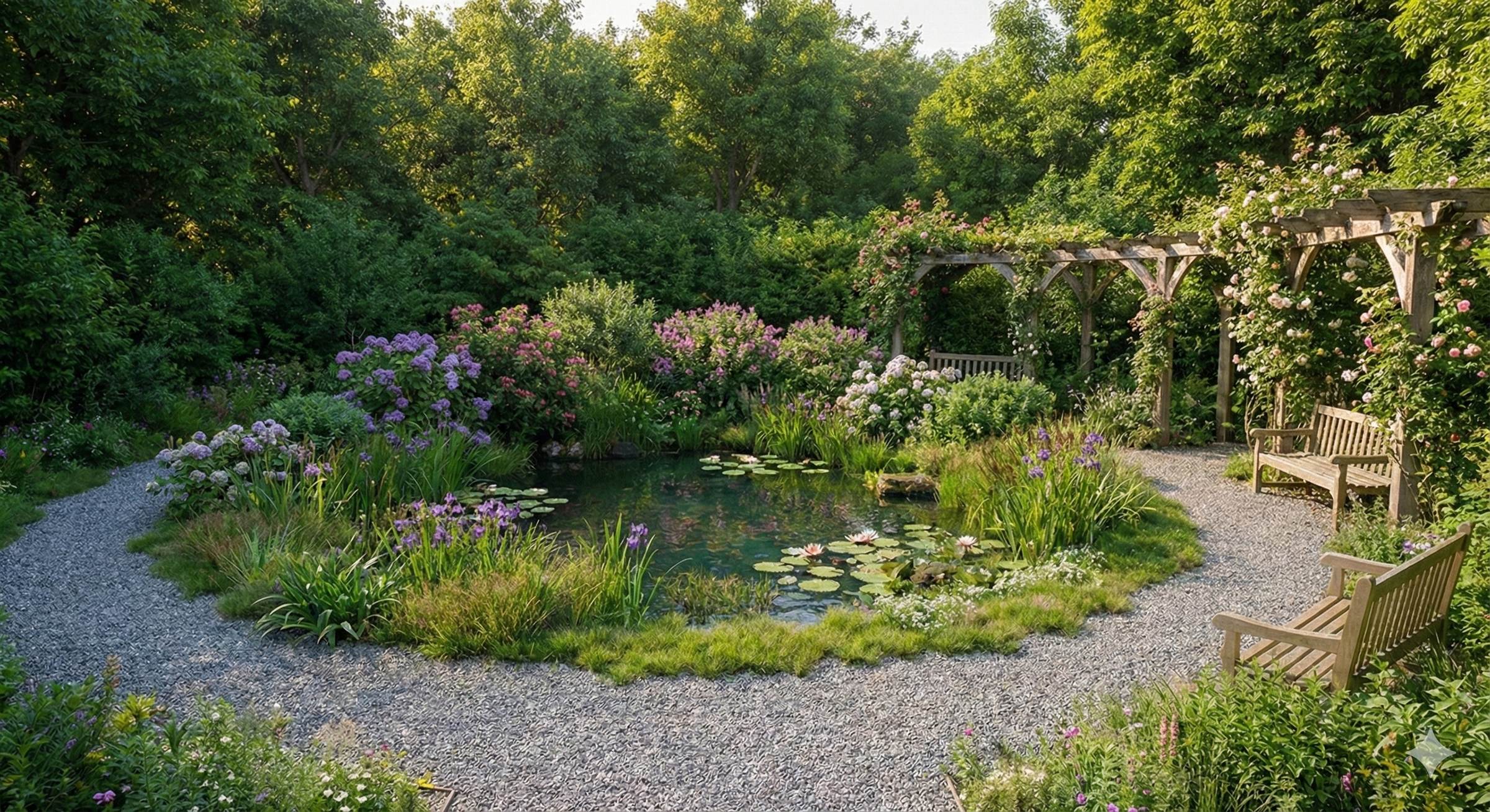 Îlot de fraîcheur LOWASIS : une mare entourée d'iris et de graminées, une pergola fleurie et des bancs sous une canopée d'arbres