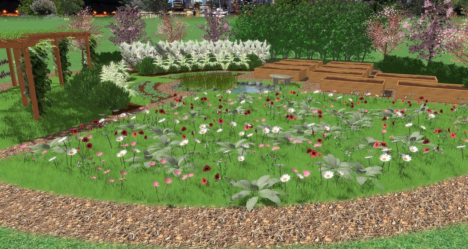 Vue de projet d'une prairie fleurie entourée de bacs de culture et d'une pergola, dispositif sur lequel sont posés les capteurs de mesure.