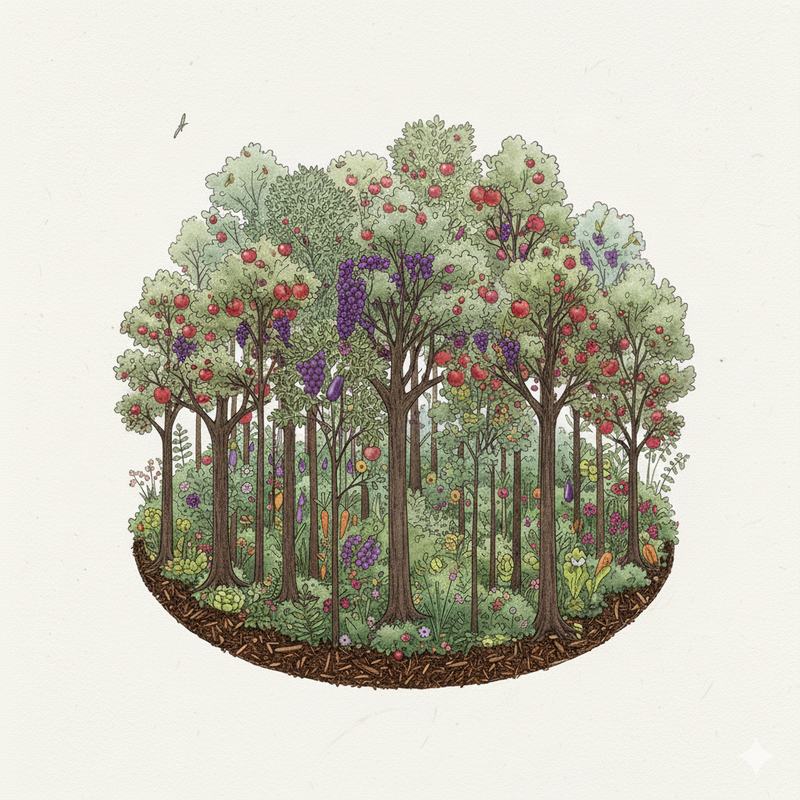 Forêt-jardin comestible en strates avec arbres fruitiers