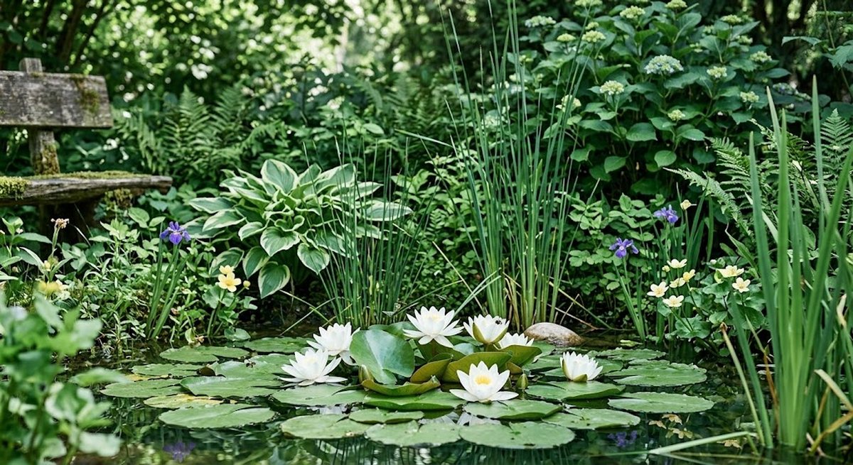 Mare naturelle couverte de nénuphars blancs en fleur, bordée d'iris, de joncs, de fougères et d'hortensias