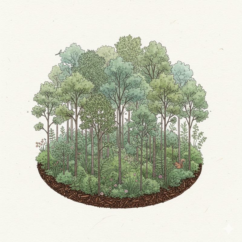 Mini-forêt urbaine dense plantée en strates serrées