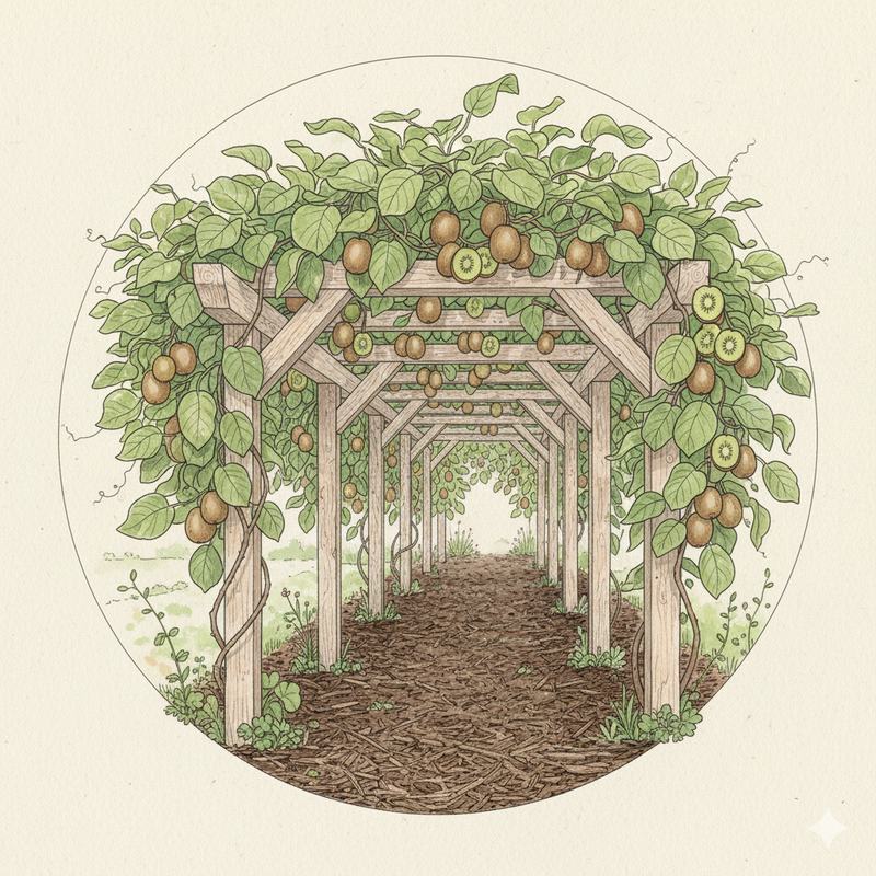 Pergola en bois couverte de plantes grimpantes fruitières