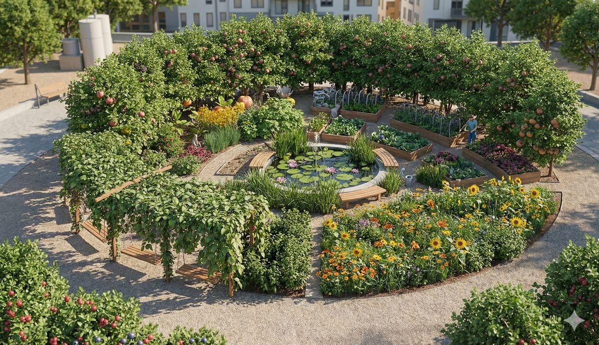 Jardin dense en plusieurs strates de végétation, des arbres aux couvre-sols