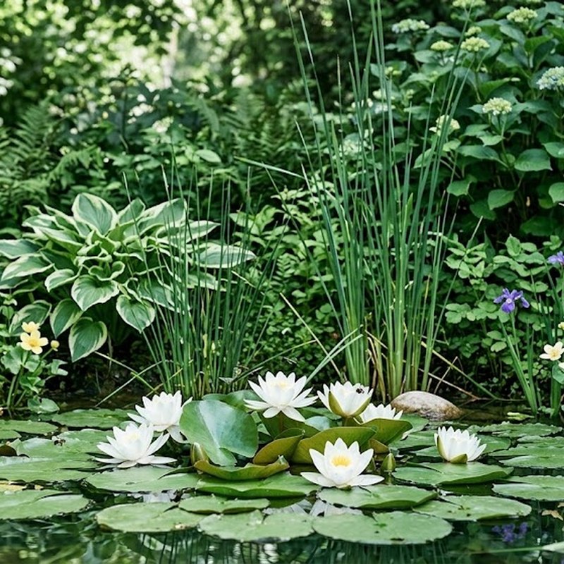 Mare naturelle couverte de nénuphars en fleur, bordée d'iris, de joncs et de fougères, avec un banc de bois à l'arrière-plan