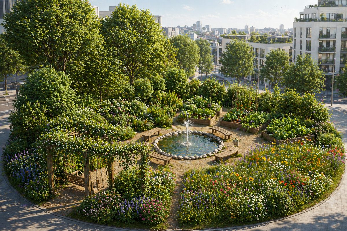 Vue de projet en plongée d'un îlot circulaire au milieu d'un quartier : arbres, massifs fleuris, bassin central et bancs, immeubles à l'arrière-plan.