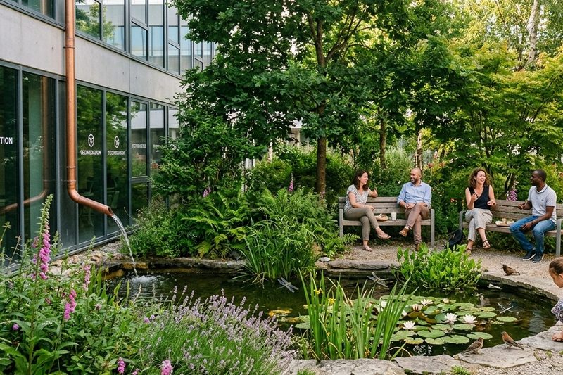 Des personnes assises sur des bancs au bord d'un bassin planté, au pied d'un bâtiment, et une enfant accroupie au bord de l'eau.
